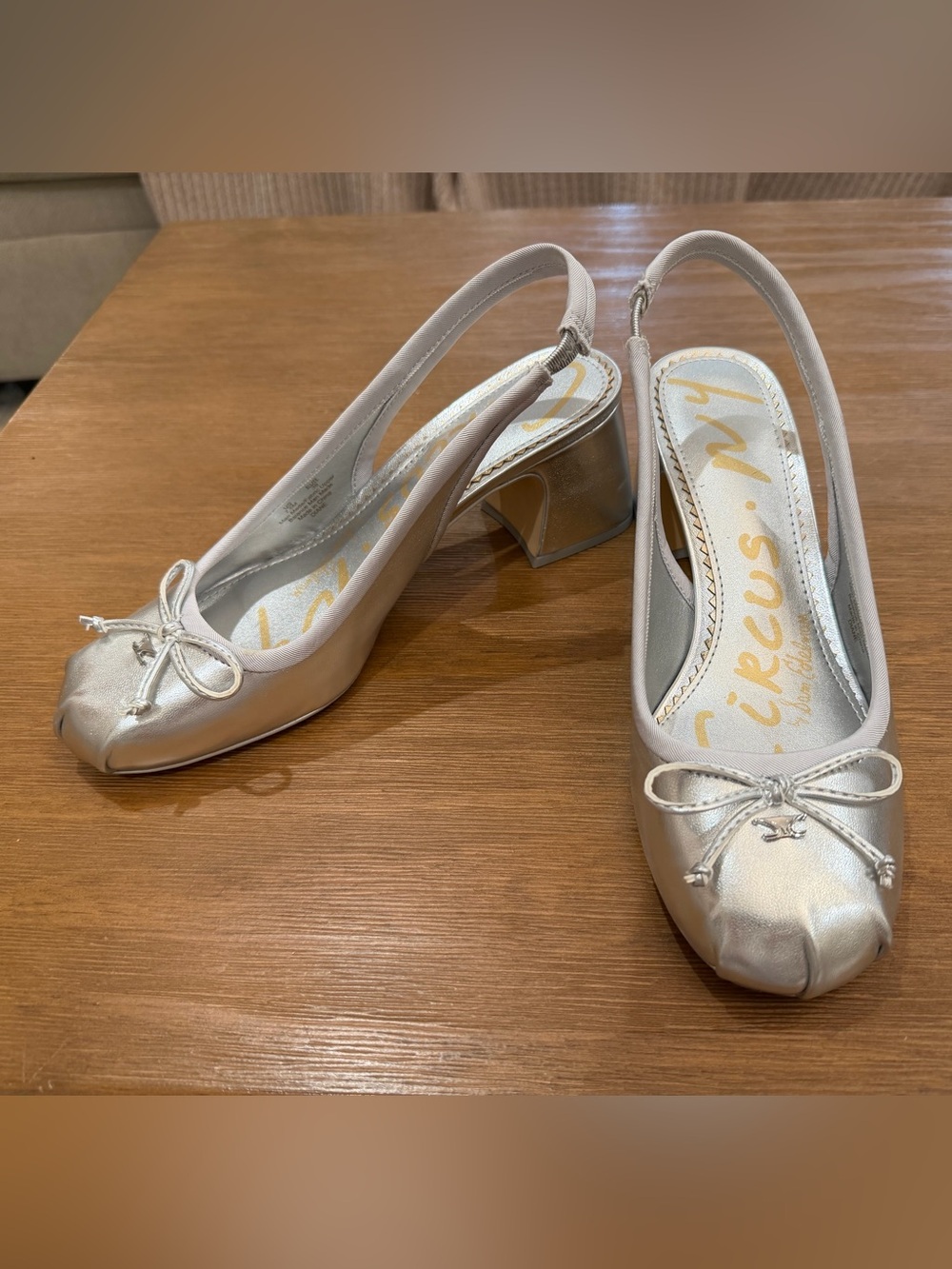 Circus by Sam Edelman Metallic Silver Slingback Bow Block Heels